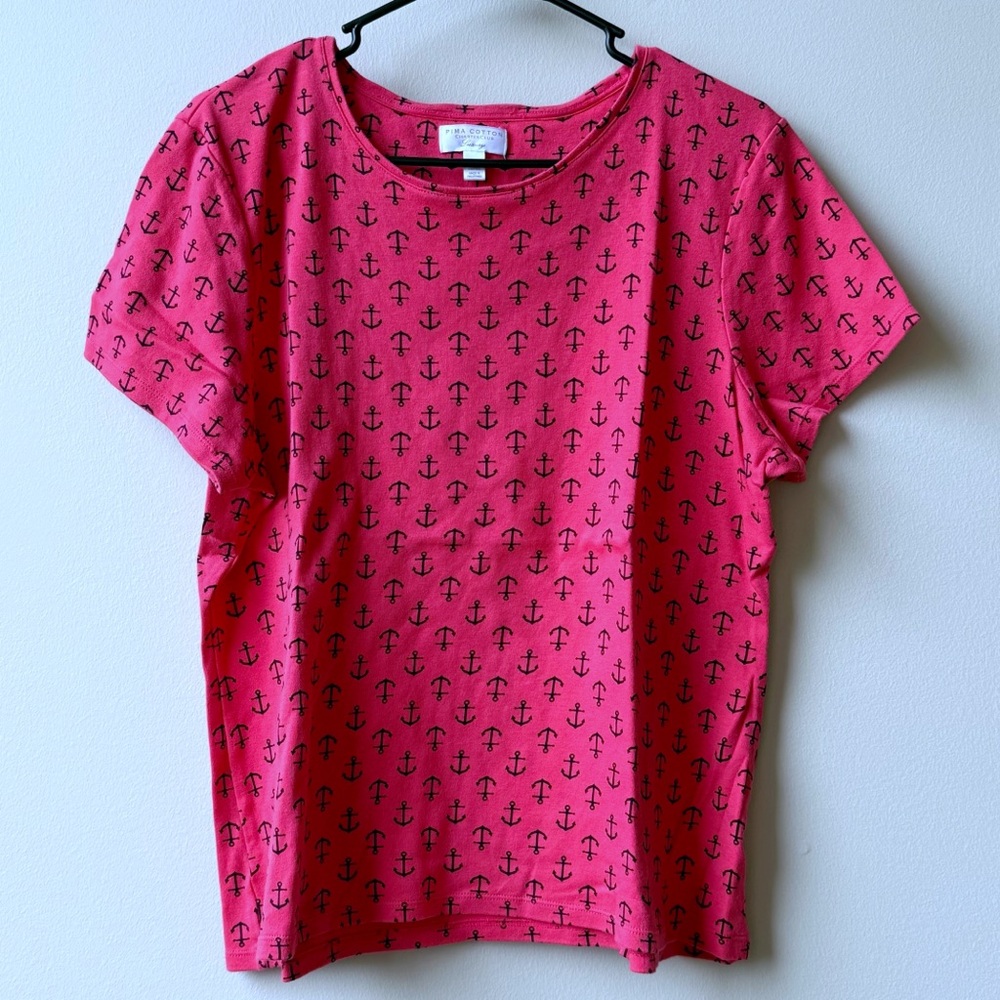 Charter Club Pima Cotton T Shirt Women’s XL Pink Cotton Navy Anchors Nautical